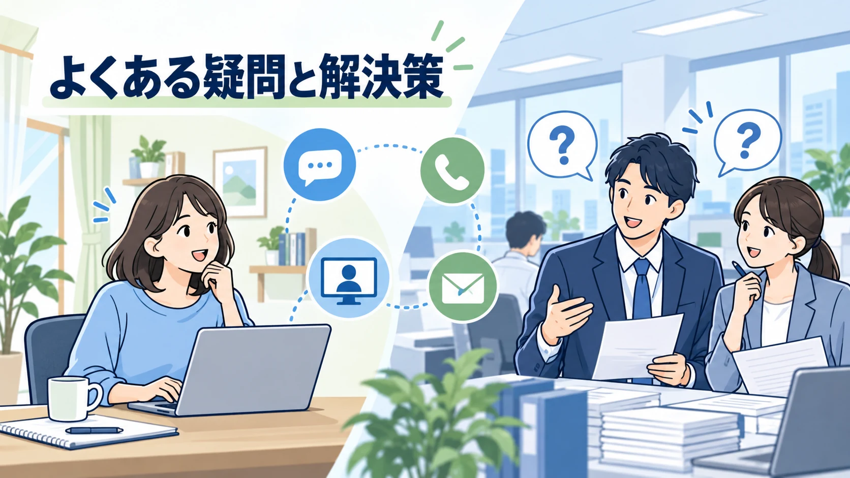 在宅勤務部署と出社勤務部署の連携に関するよくある疑問を相談する社員