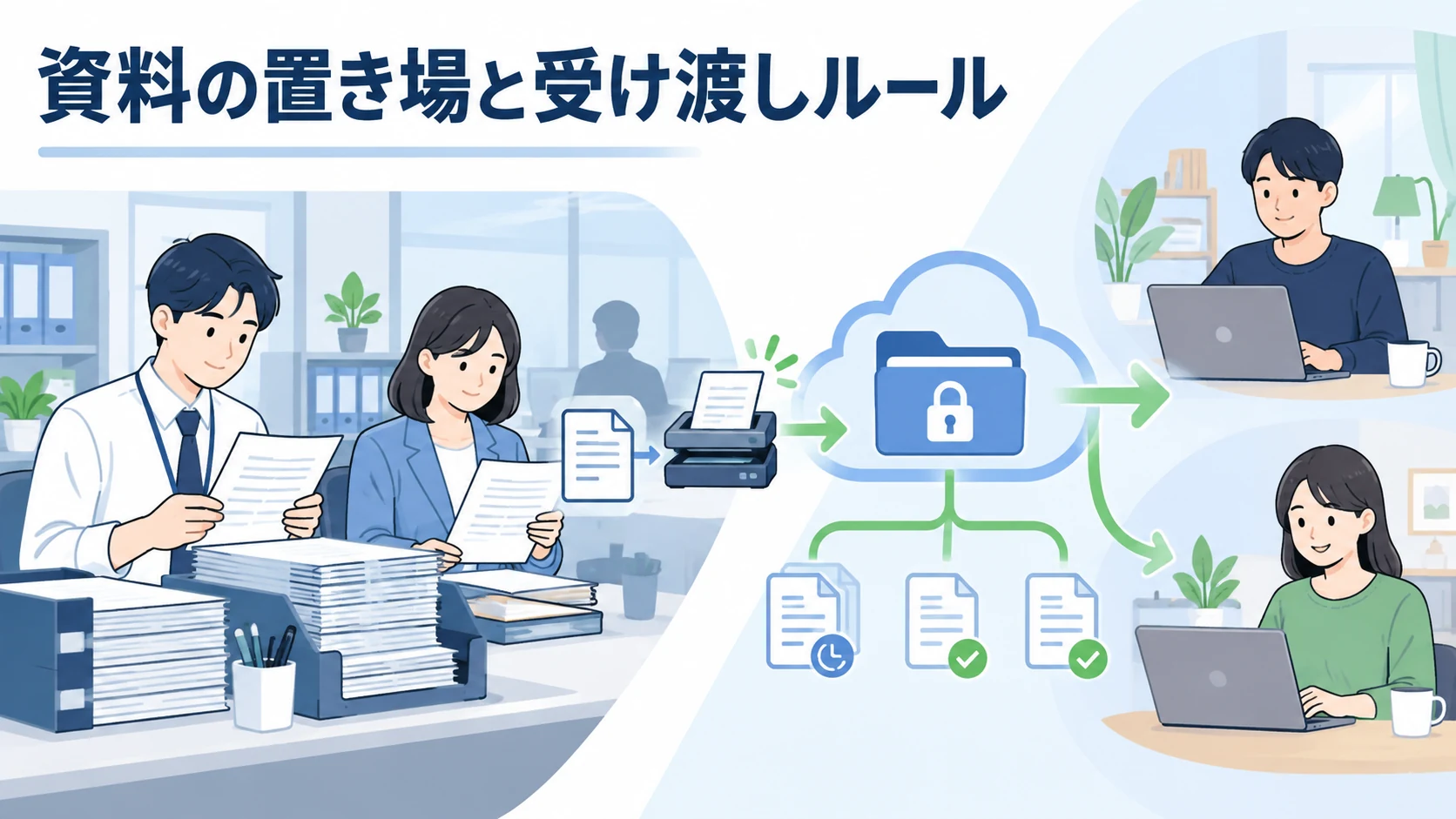 紙資料と電子ファイルの受け渡しや保管場所を揃える在宅勤務部署と出社部署