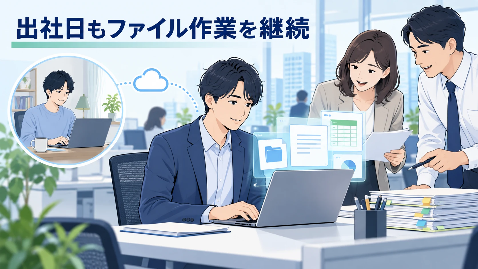 在宅勤務者が出社した日もパソコンで在宅時と同じファイル作業を続ける様子