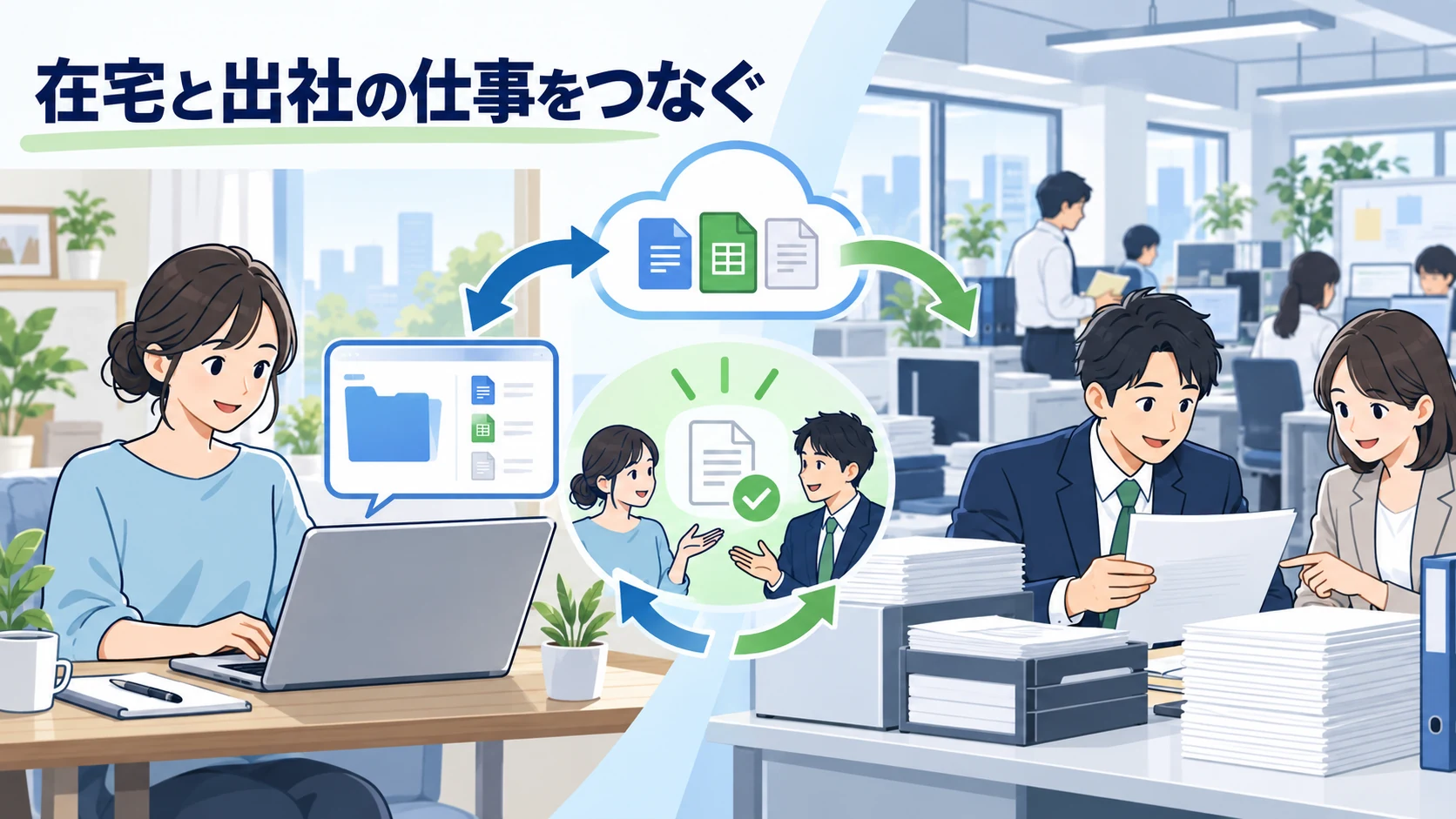 ファイル資料で作業する在宅勤務部署と紙資料中心の出社勤務部署が連携する図
