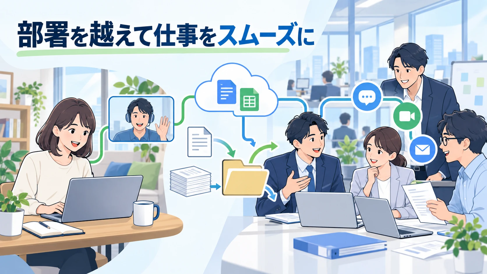 紙資料とファイル資料を使い分けながら部署間で連携して仕事を進める様子