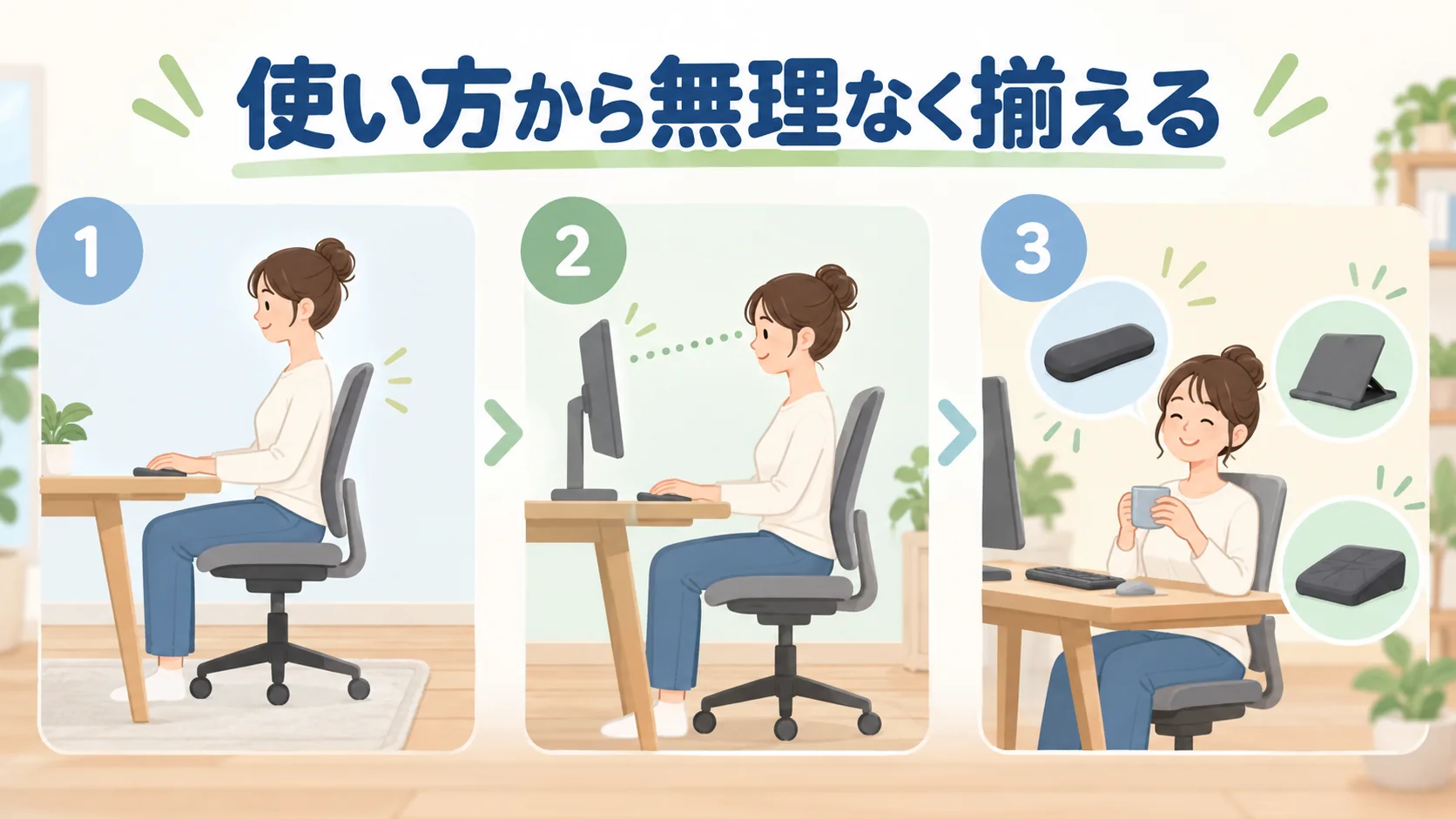 姿勢に合う机と椅子 モニター位置 周辺用品の順に備品を選ぶ3段階