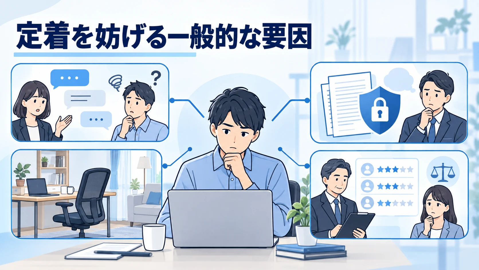 在宅勤務の定着を妨げる連絡 作業環境 情報管理 評価の不安を整理する図
