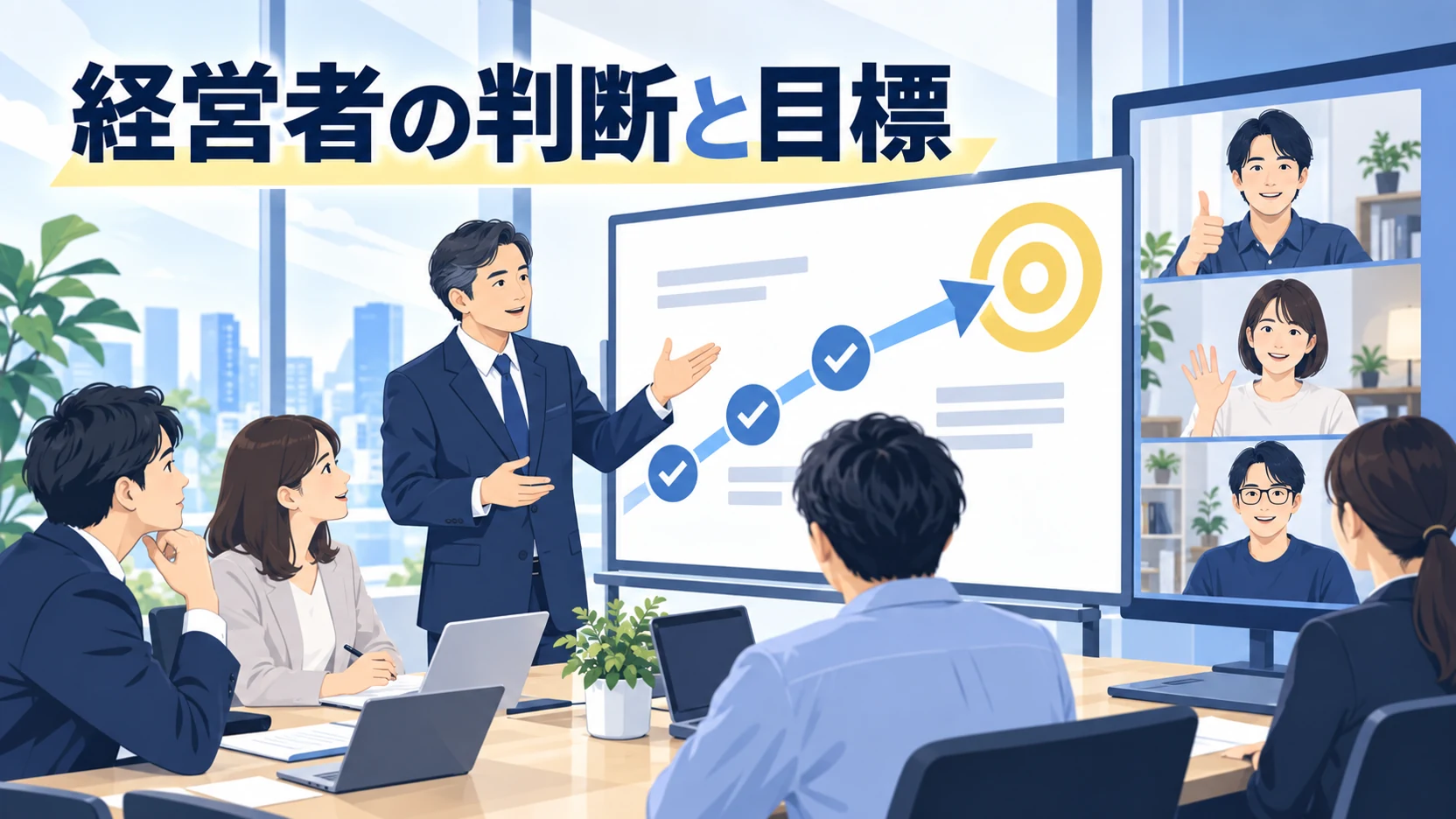 経営者と管理職が在宅勤務の目標を示し社員と共有する様子
