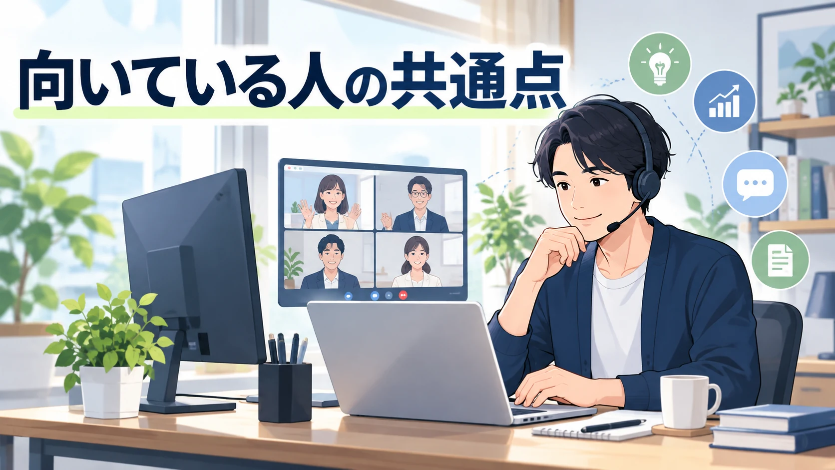 リモートワークに向いている人の共通点を作業環境と仕事の進め方から示す図