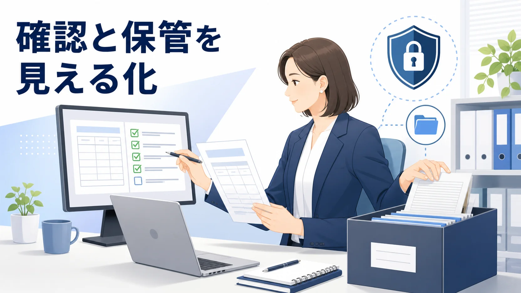 Webで受け取った光熱水費の請求書を確認し保管する経理担当者