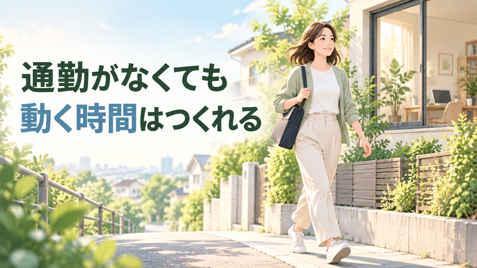 在宅勤務で減った通勤の歩行を補うため住宅街を歩く人