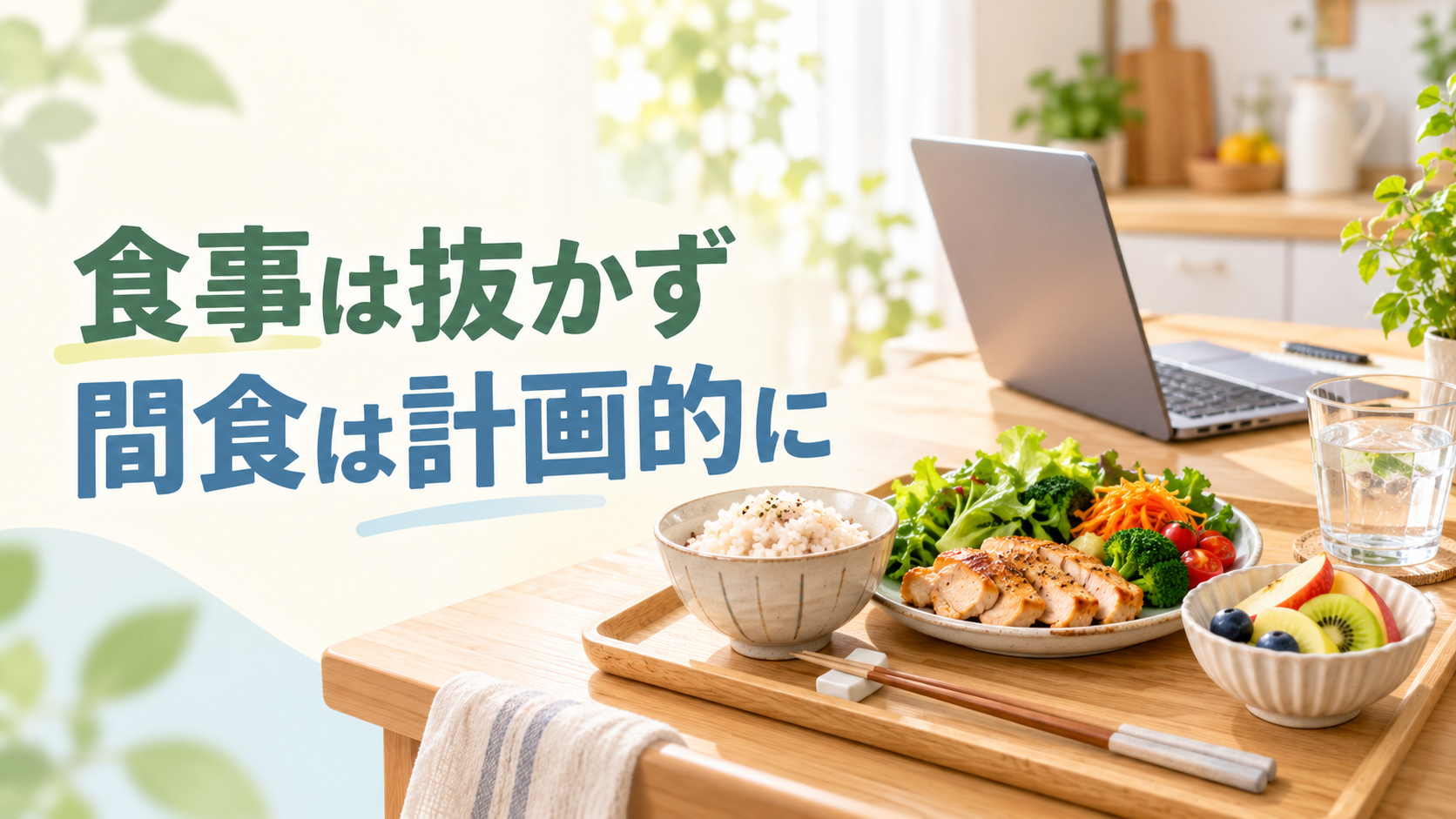 在宅勤務中の昼食として主食 主菜 副菜と果物を用意した食卓