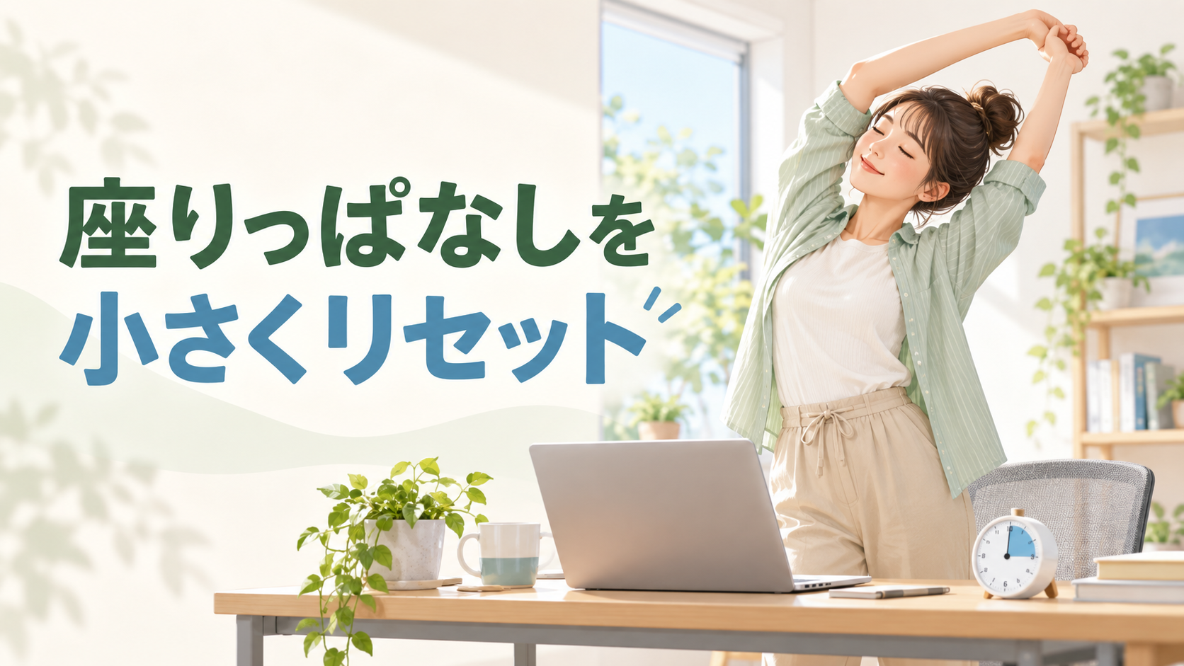 在宅勤務中にパソコン作業を中断して立ち上がり伸びをする人