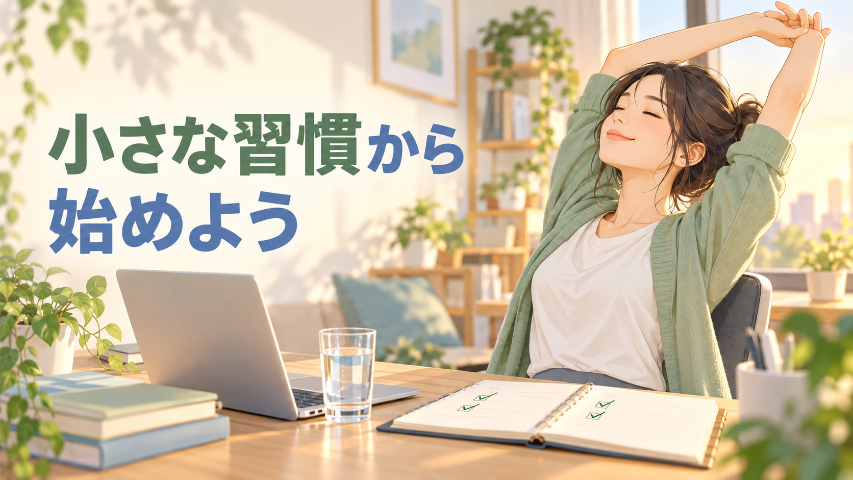 在宅勤務中に小さな健康習慣を続けるため伸びをする人